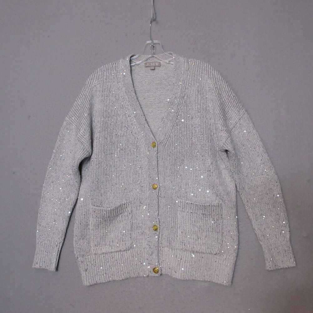J Crew Sweater Cardigan Small Sequin‎ V Neck Gray Gold Button Festive Party